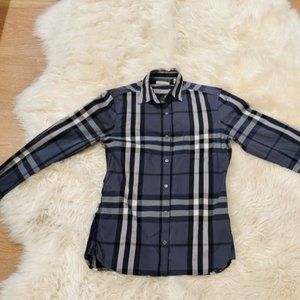 Burberry mens S Small gray plaid slim fit button up casual shirt EUC